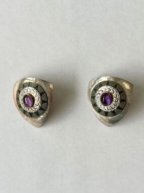 Vintage Tabra Attributed Purple Cabochon Mixed Metal Statement Earrings